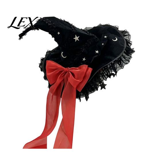 Black Lace Witch Hat Gothic for Women, Dark Lolita Style Halloween Costume Accessory, Lightweight with & Bow, Adjustable Headwear Cosplay Parties