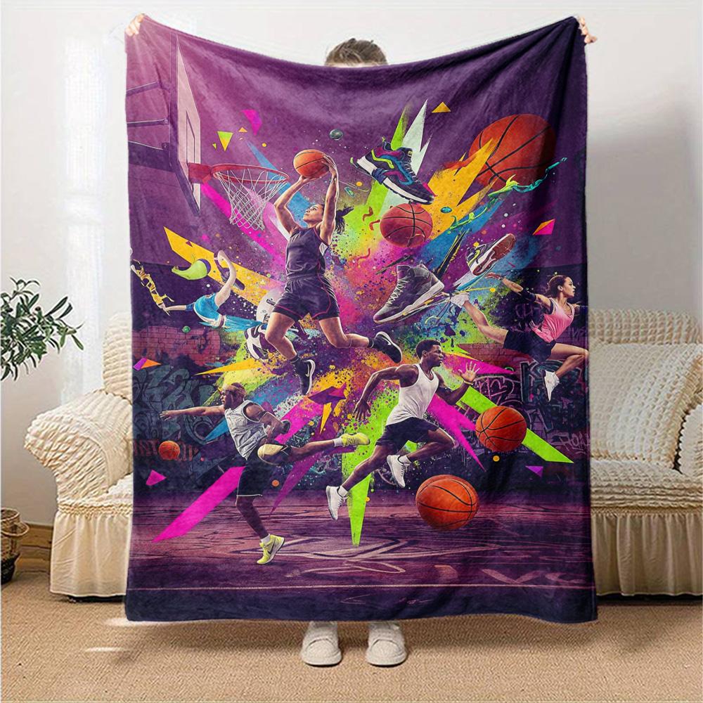 Colorful Graffiti Basketball Sport Print Flannel Fleece Blanket Athlete Theme Soft Warm Throw Blanket Sofa Couch Bedroom Home Decor Fan Gift