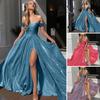 Women Evening Dress Off Shoulder Bandeau Backless Sleeveless Backless Shiny Sequin Split Hem A-line Big Swing Prom Party Maxi Dress Ball Gown