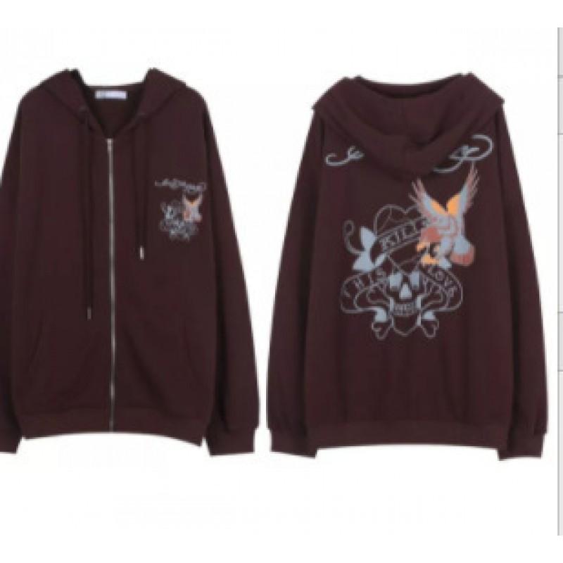 Womens Loose Zip-Up Hoodie Y2K Streetwear Graphic Print Casual Jacket