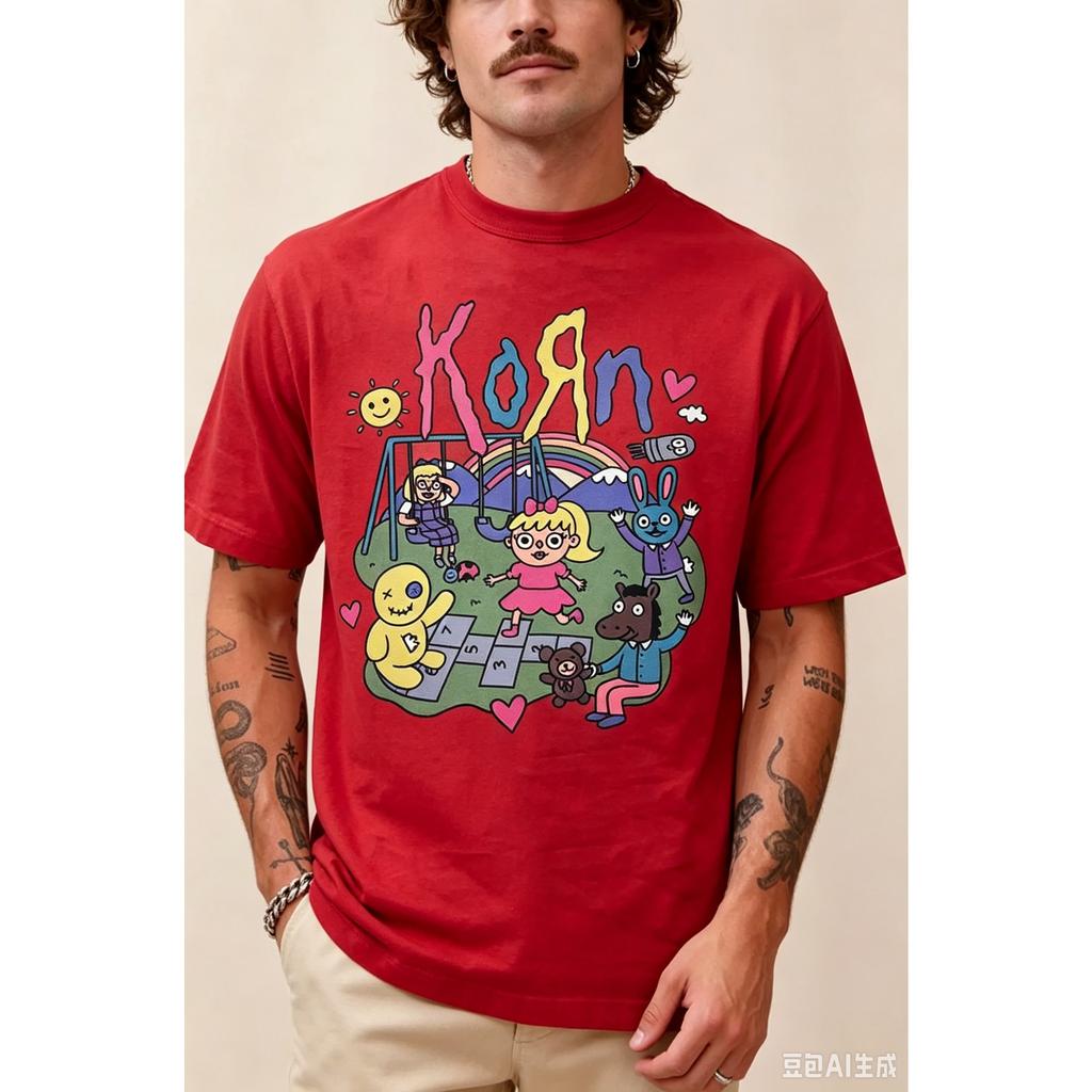 Korn Cartoon Graphic Print T Shirts Men Women Oversized Streetwear Y2k Retro Hip Hop Harajuku Short Sleeve Casual Loose Female Male Clothing