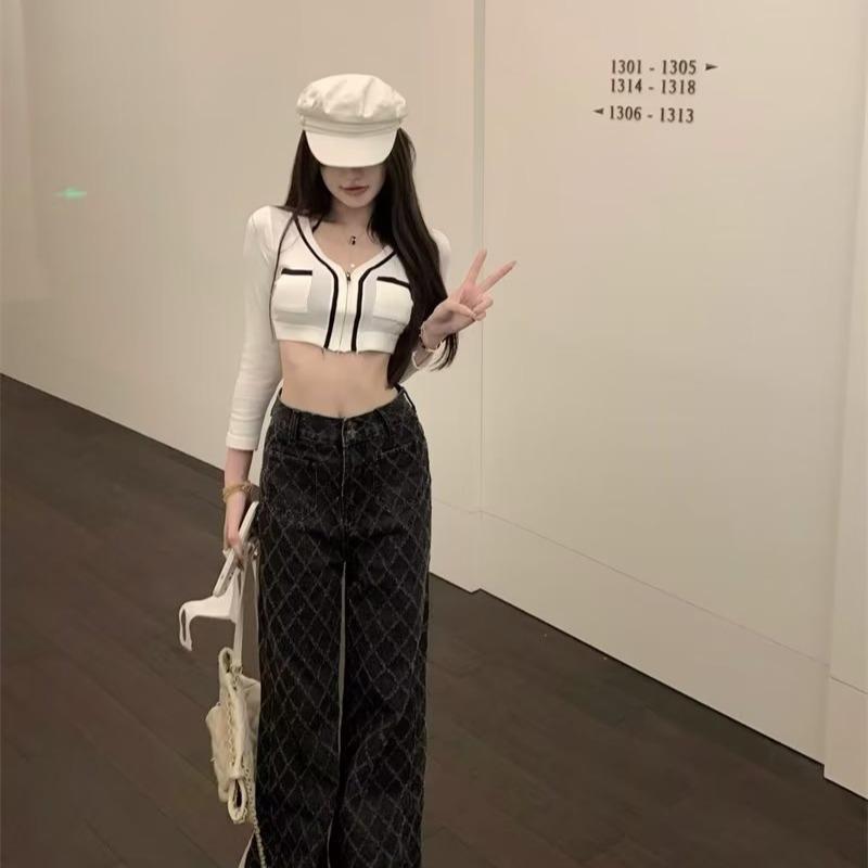 Женские джинсовые брюки, весна-осень 2024, корейский ромбовидный дизайн, джинсы с высокой талией, свободные тонкие универсальные прямые широкие брюки