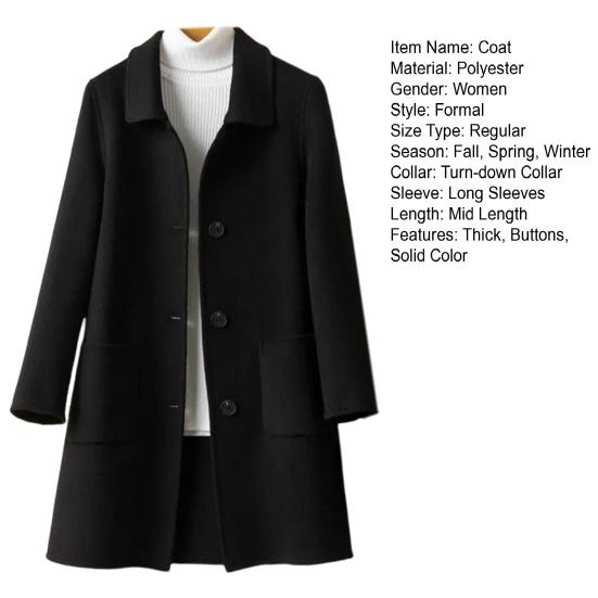 Женское зимнее пальто в деловом стиле с отложным воротником, однобортное пальто средней длины, куртка для поездок на работу, однотонная плотная верхняя одежда