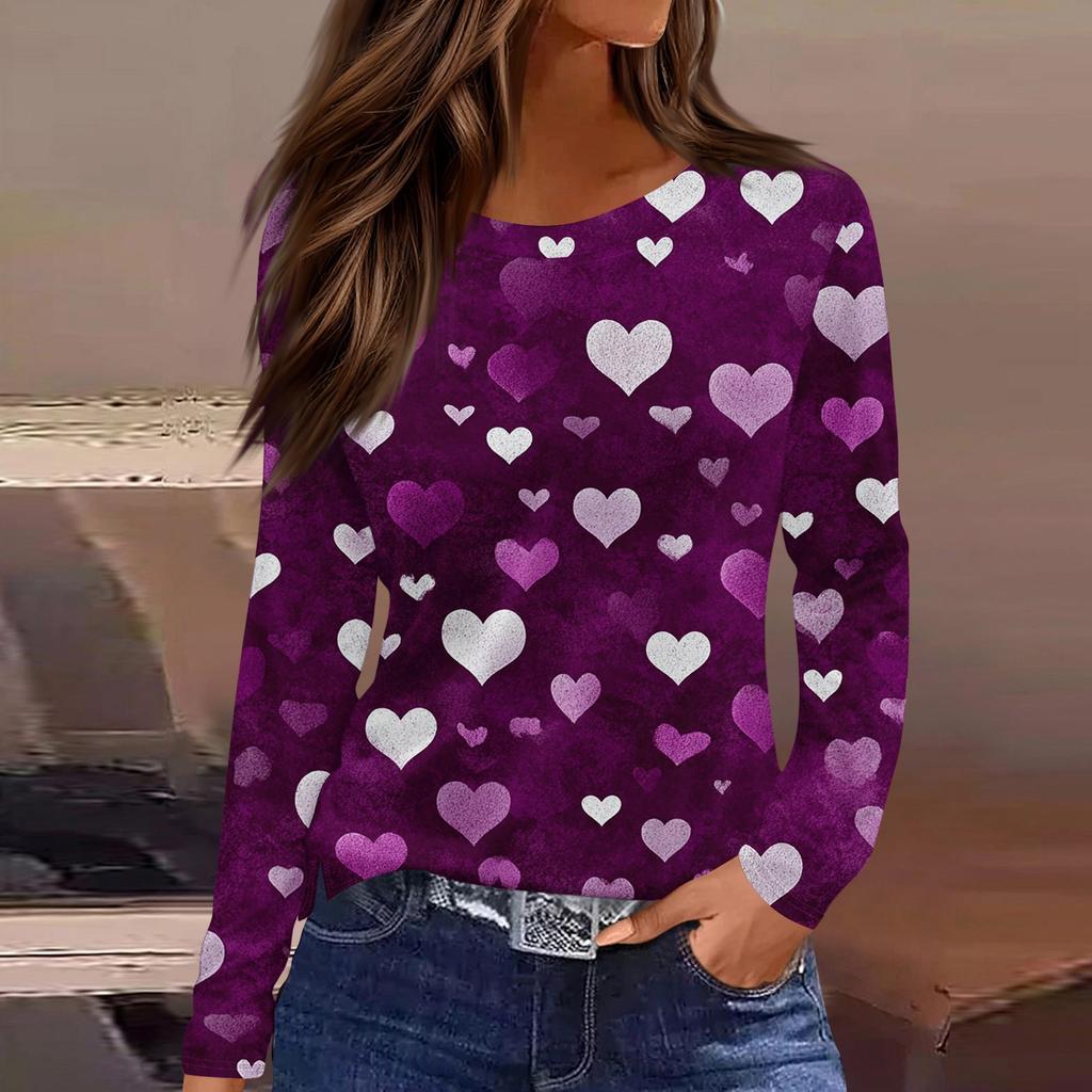Women's Fashionable Long-Sleeved Round Neck Top with Slit Hem and Valentine's Day Heart Print