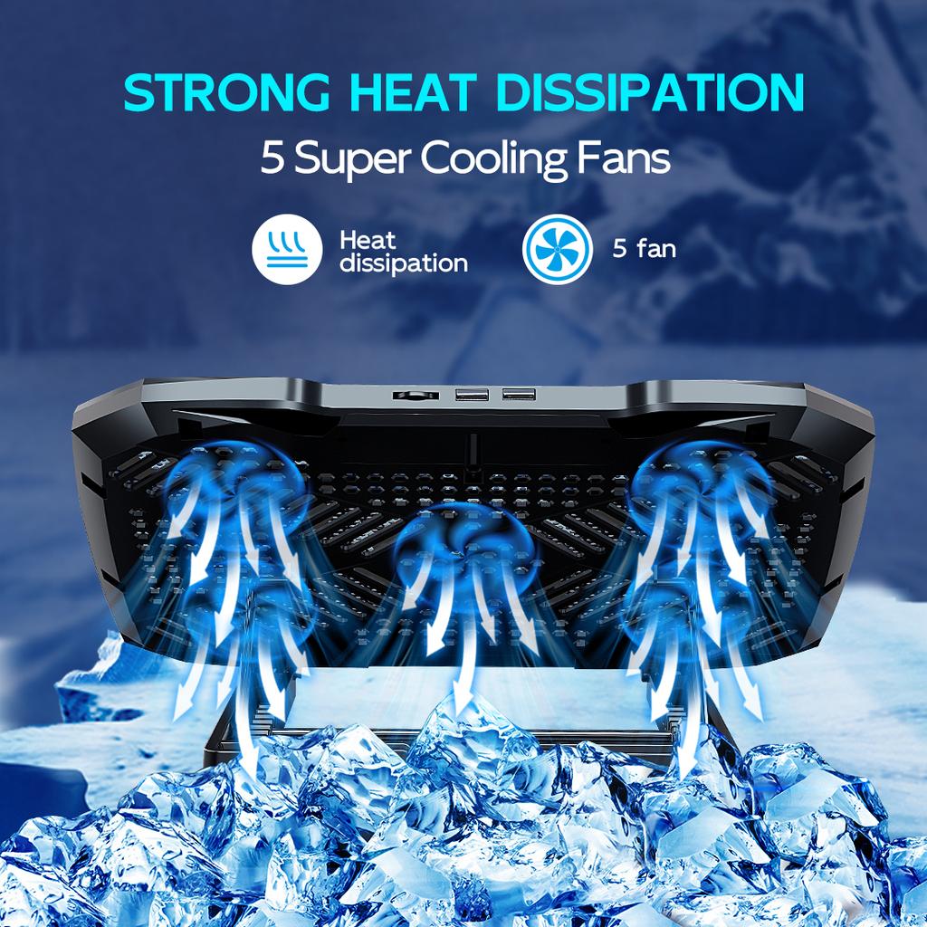 COOLCOOLD Охлаждающая подставка для ноутбука 12-17 дюймов, подставка-кулер, 5 тихих вентиляторов, регулируемый угол наклона 5 положений, с держателем для телефона