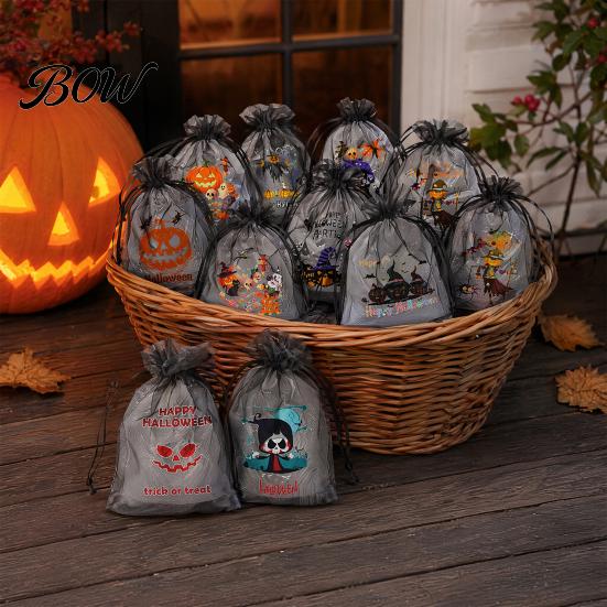 Party Favor Bag 12 Pcs Halloween Organza Candy Bag, Drawstring Treat Pouch with Pumpkin Ghost Bat Spooky Print, Sheer for Snacks, Trick or Gift