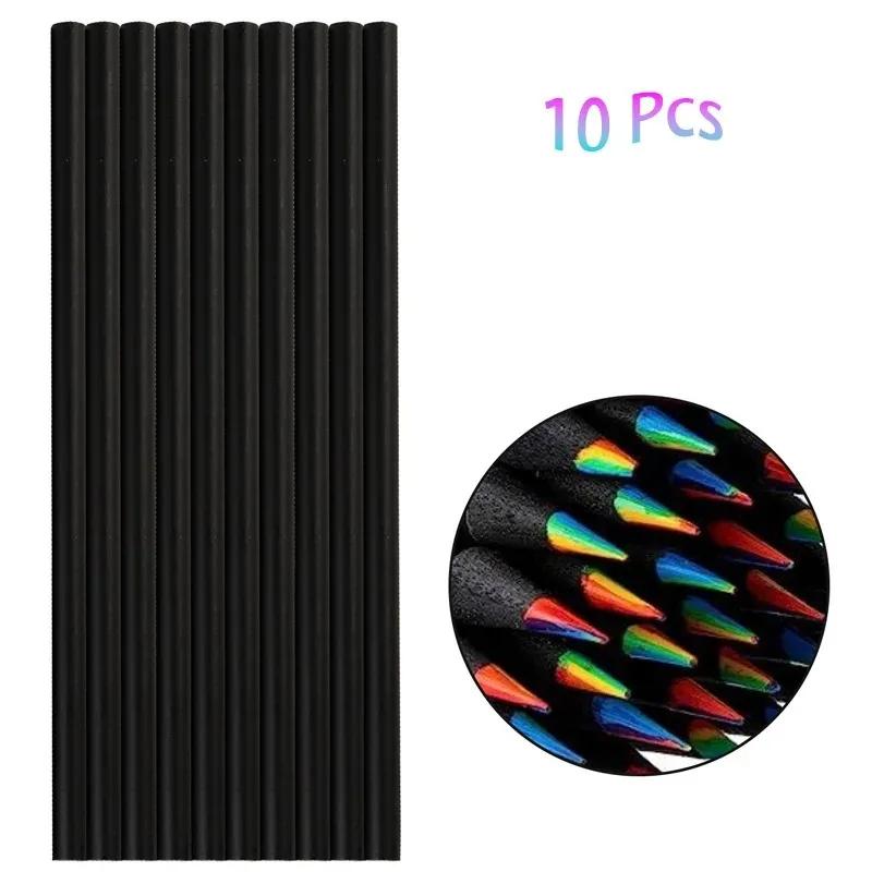 10PCS Rainbow Pencil Colorful Pencil 7-Color Wood Colorful Black Wood Painting Supplies Christmas Halloween Black Friday Gift
