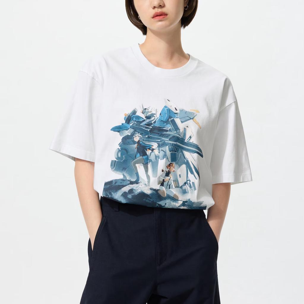 Uniqlo X Mobile Suit Gundam 45-я годовщина Коллаборация SS25 Робот Узор Принт Буквы Свободный крой Круглый вырез Короткий рукав Футболка 474437-00