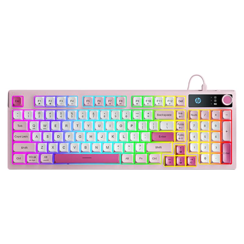 HP K500F Mechanical Feel Wired Keyboard, Quiet Multifunctional Knob for Office, Pink, 98-Key Layout