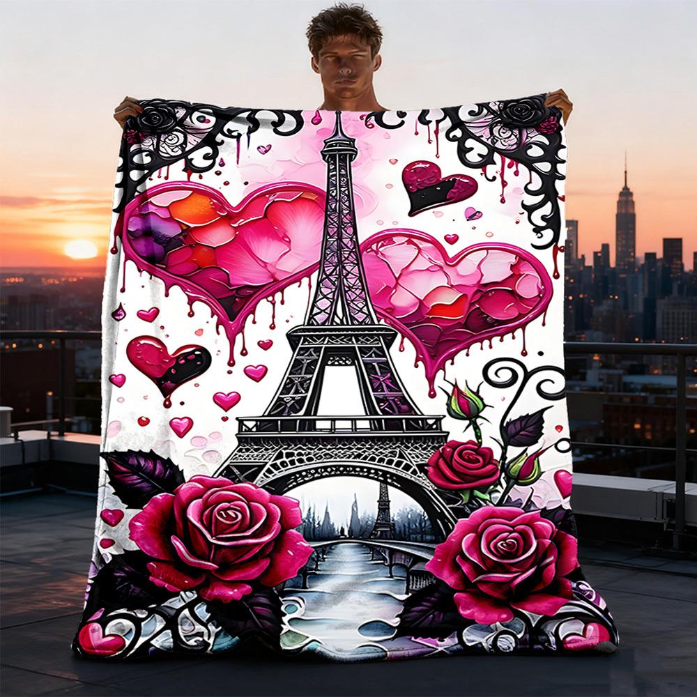 1 шт. Плед Paris Love для улицы - Мягкий флис, уютный для путешествий и кемпинга - Всесезонное теплое покрывало для кровати, можно стирать в машине yy251229073