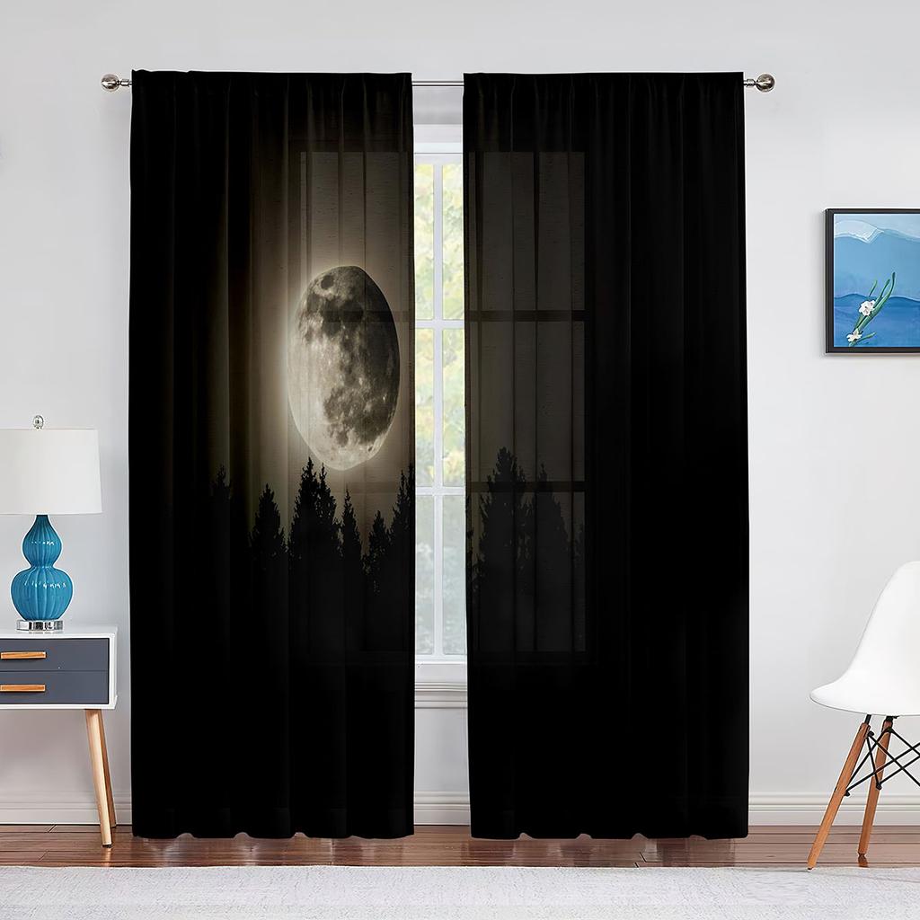 Тюлевые шторы с полной луной, фантазией, звездным небом, ночной сценой, для гостиной, спальни, кухни, декор, прозрачная вуаль, занавески из органзы