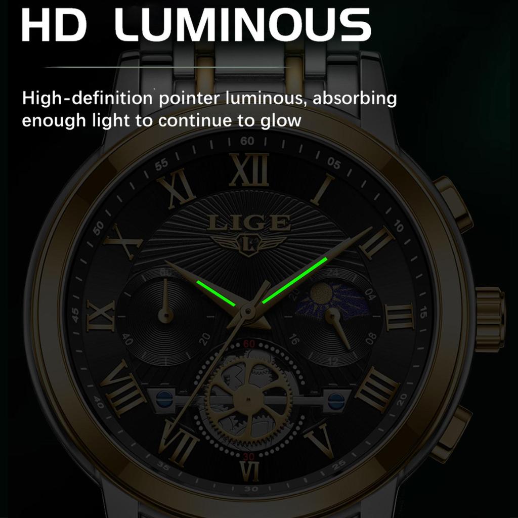 LIGE Лучший бренд, оригинальные мужские кварцевые часы, модные водонепроницаемые мужские часы для отдыха, все стальные ночные светящиеся часы