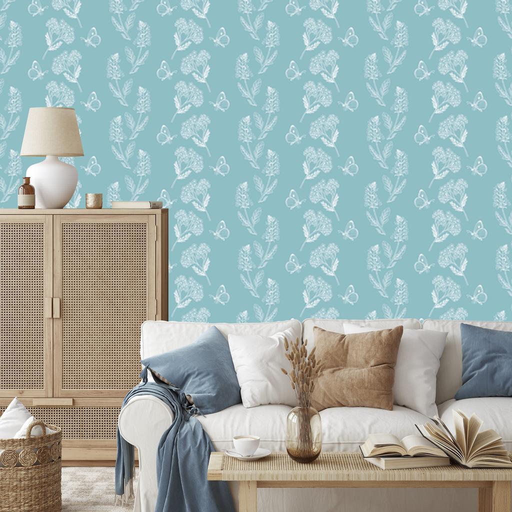 Herbs and butterflies wallpaper on a turquoise background for the living room and bedroom 50x1000