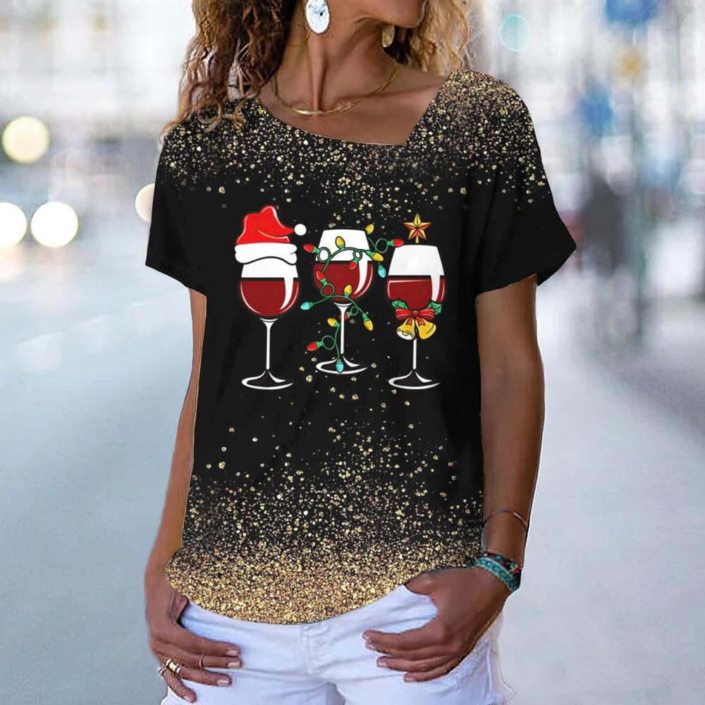 Новая рождественская женская футболка, модная футболка с красным бокалом для вина и 3d принтом, футболки с v-образным вырезом, летняя повседневная винтажная футболка, праздничная женская одежда