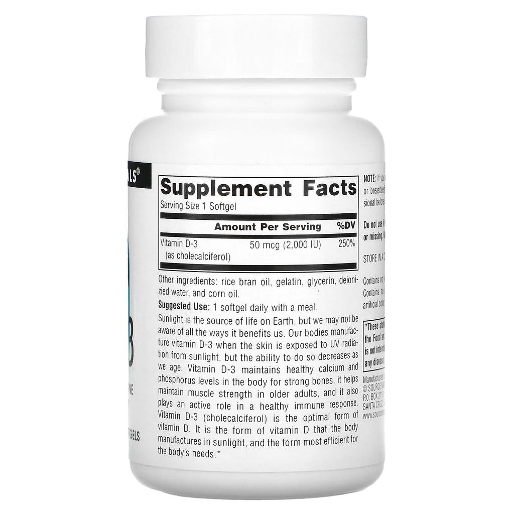 Source Naturals, Витамин D-3, 2000 МЕ, 200 мягких капсул