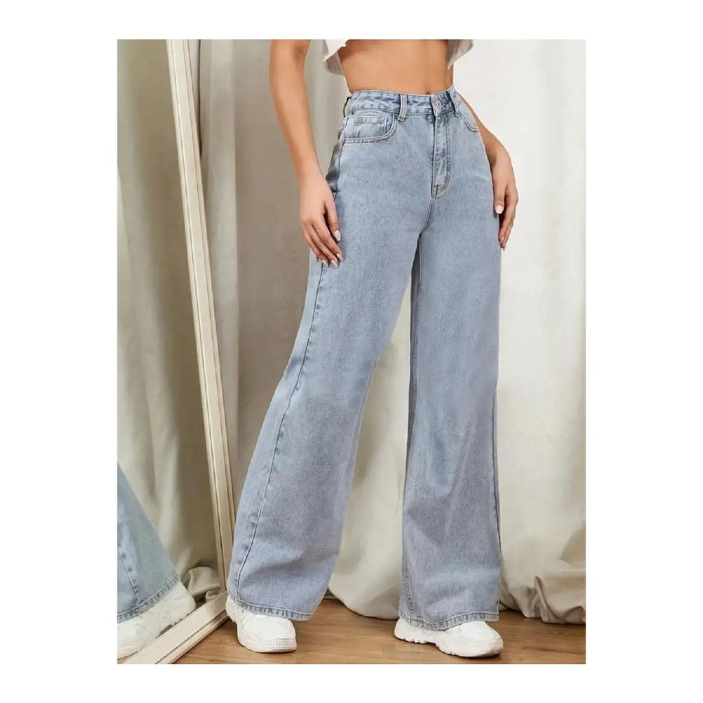 Women's Blue Snow Wash High Waist Five Pocket Wide Leg Loose Palazzo Jean Denim Trousers