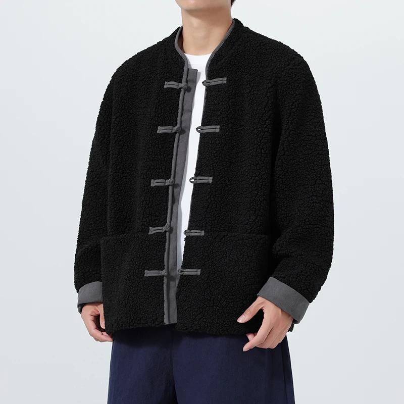 Осень Зима Мужские парки из овечьей шерсти Мужская хлопковая куртка с подкладкой Мужское винтажное пальто на пуговицах в китайском стиле Теплое пальто со стойкой воротником Верхняя одежда