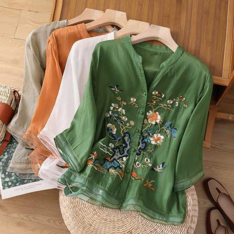 Women's Summer Chinese Style Embroidery Shirt Splicing Button Five-minute Sleeve Blouse