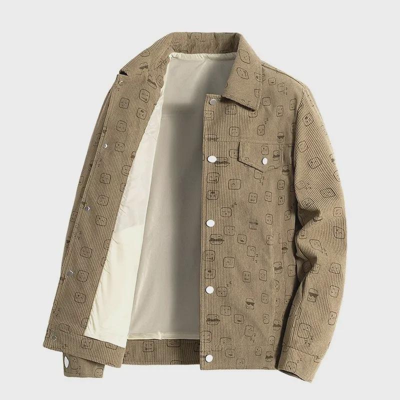 Men's Spring/Autumn Corduroy Lapel Jacket - Fashionable, Casual, Full-Print, Large Sizes Available.