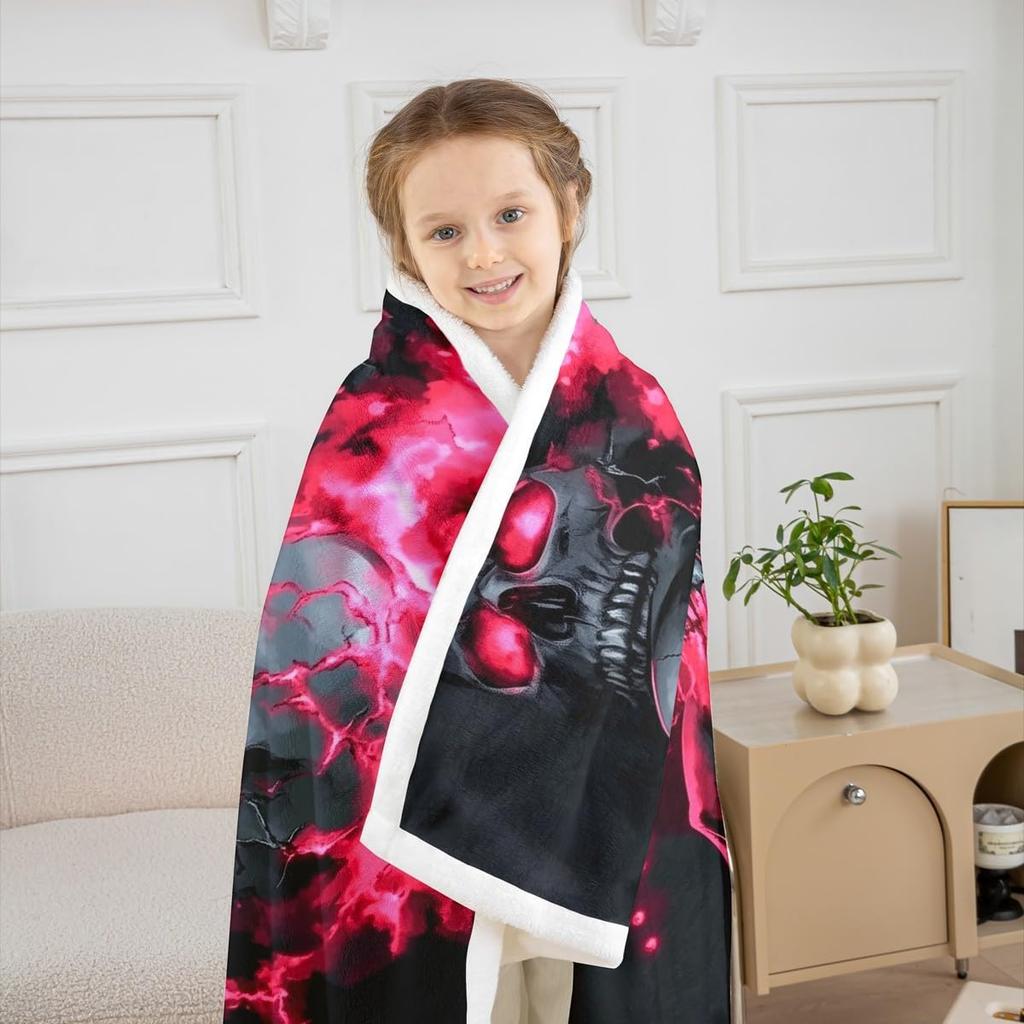GUOYU Blanket Halloween Skull Sherpa Blanket Horror Theme Gothic Fuzzy Plush Throw Spooky Skeleton Black Fleece Blanket for Adults Men Women