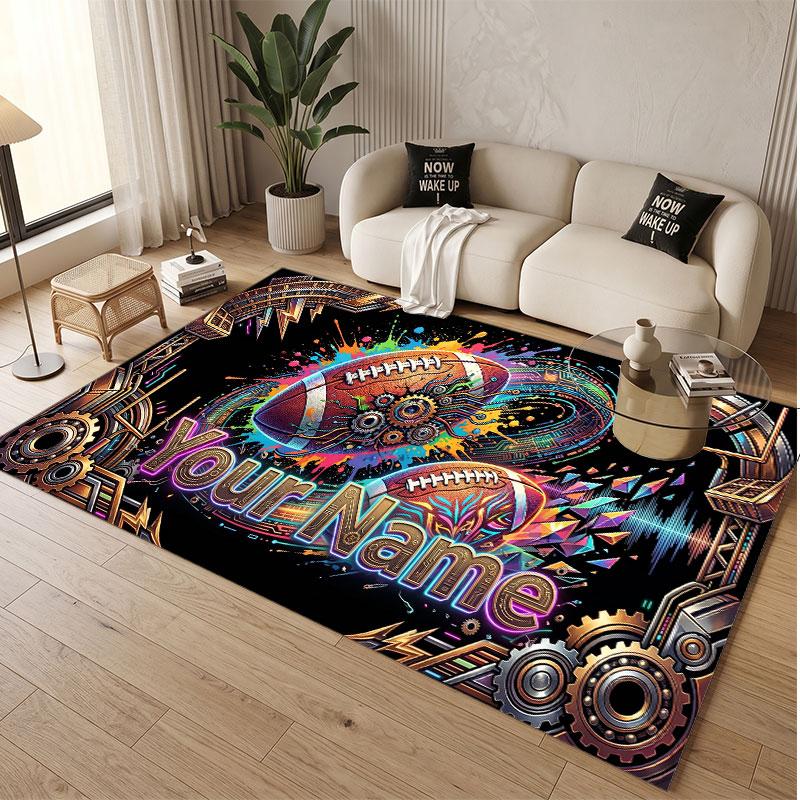 American Football Theme Soft Crystal Velvet Rug Custom Name & Text Print Non Slip Floor Rug for Bedroom Living Room