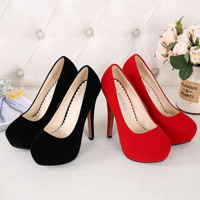 Fashion Women Pumps Fashion Flock Womens Sandals 14cm Platform Wedding Pumps Casual Thin Heels Womens Shoes