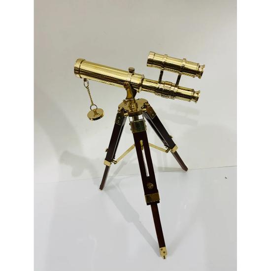 Nautical Brass Double Barrel Telescope With Wooden Tripod Stand - Vintage Navy Ship Telescope - Marine Spy Glass Telescope