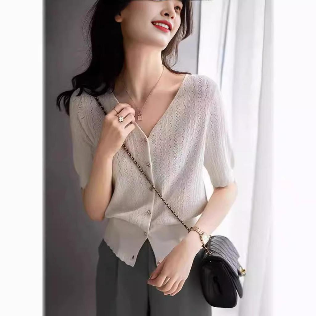 Женский комплект кардигана и юбки из ледяного шелка - Летний комплект с коротким рукавом свободного кроя