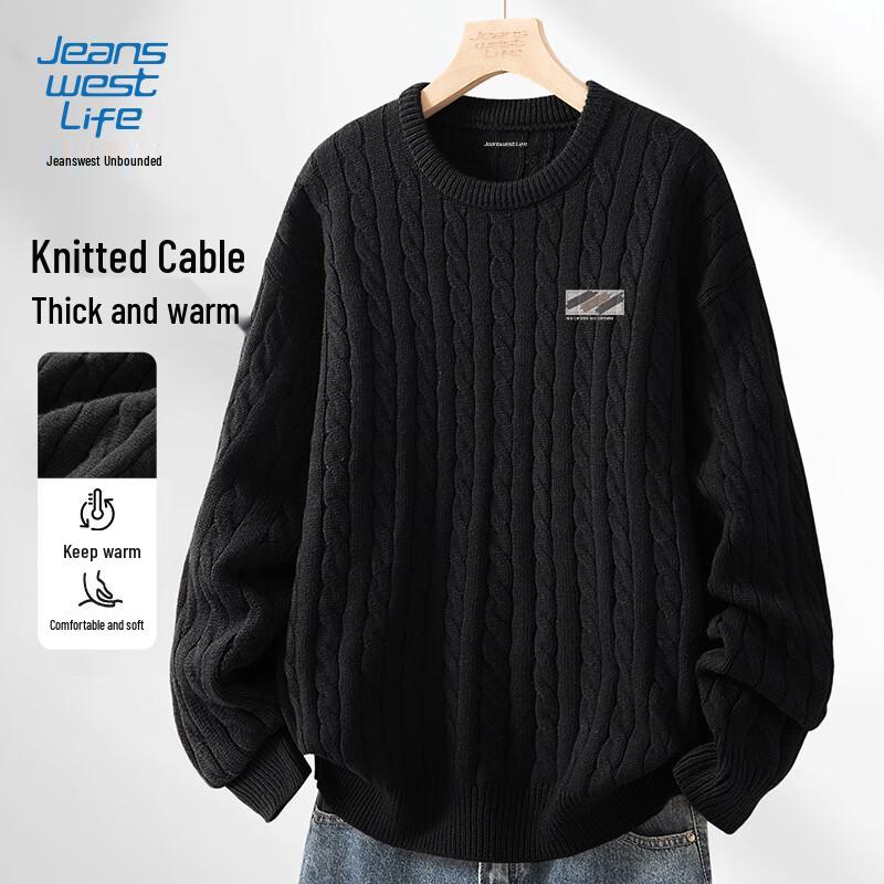 JEANSWEST LIFE Мужской плюшевый свитер с круглым вырезом и кабельным узором