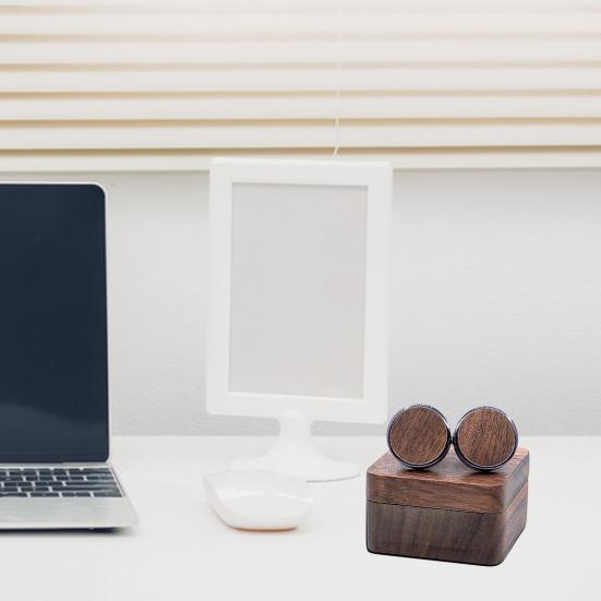 1 Pair Wooden Cufflinks with Storage Box Portable Magnetic Closure Men French Style