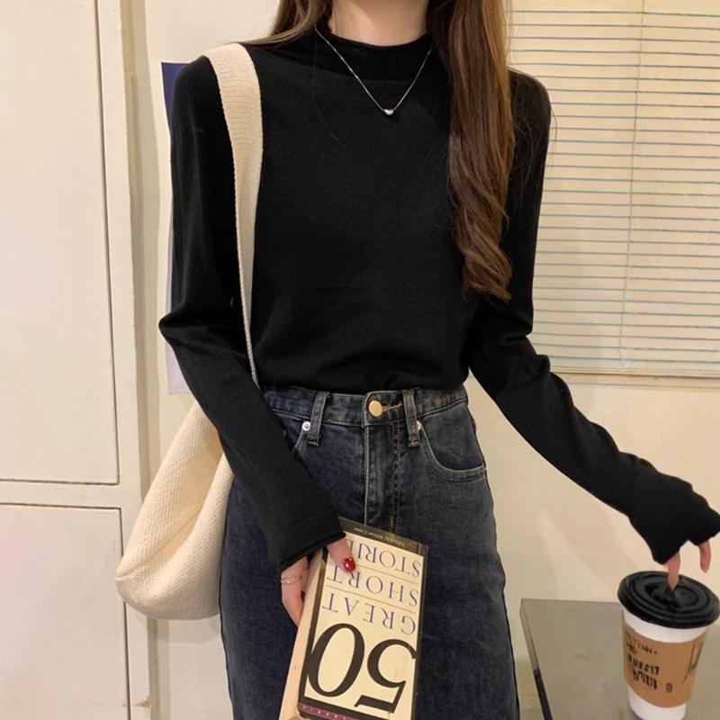Semi-turtleneck Bottoming Shirt Women's Black Slim-fitting Sweater Inside White Thin Knitted Sweater Autumn and Winter Top