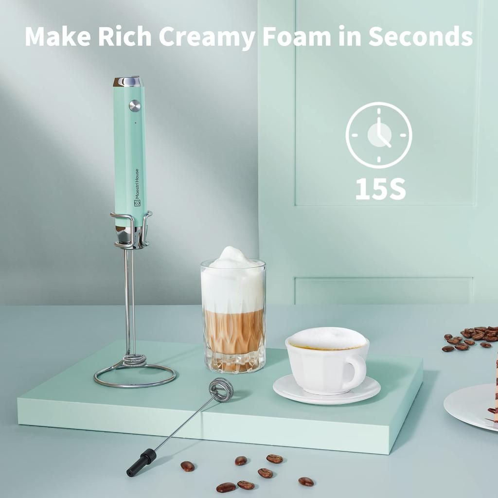 Maestri House Rechargeable Milk Frother, Electric Milk Frother, Waterproof, Powerful, One-Button, Japanese Instruction Manual (Blue)