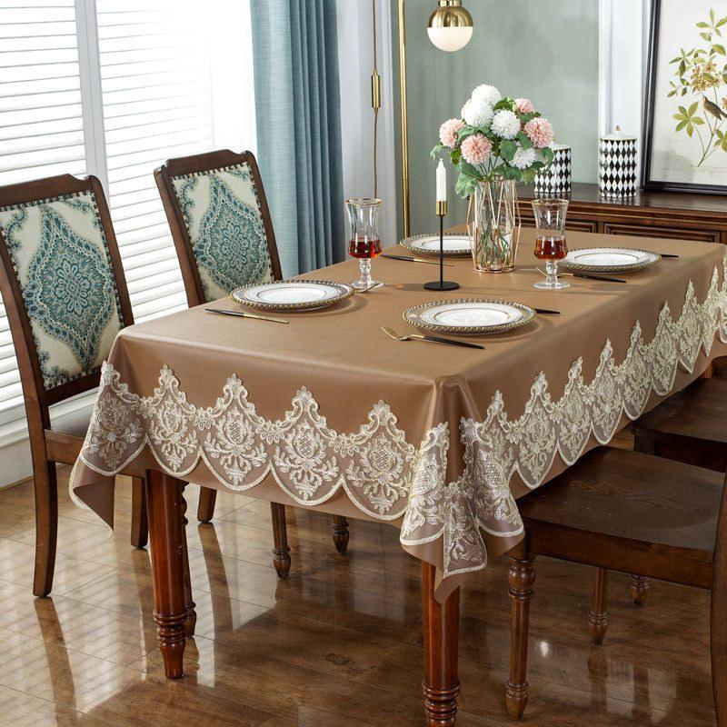 Элегантная водонепроницаемая скатерть из искусственной кожи для обеденного журнального столика с кружевом, прямоугольная, квадратная, круглая, не скользящая, роскошная
