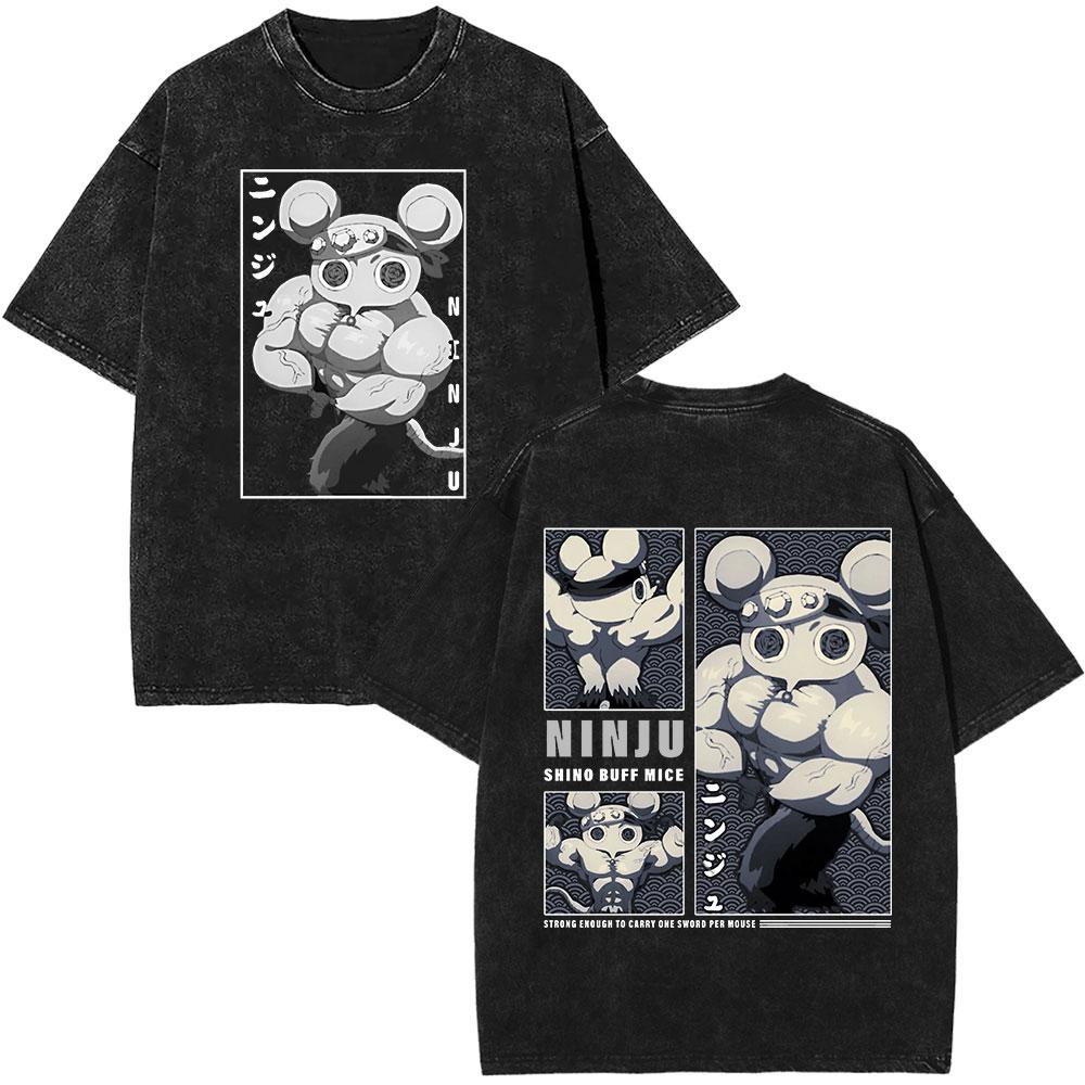 Japanese Anime Demon Slayer Uzui Tengen Washed Tshirt Muscular Ninja Mice Muki Gym Mouse Graphic Tshirts Oversized Streetwear