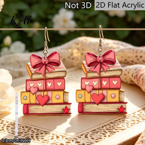 Unique Gifts for Readers 1 Pair Acrylic Book Earrings Women, Vintage Stacking with Pink Stylish Jewelry Bow And Heart, Funny Dangle Jewelry,