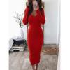 Uzun Yengli V-bo'yinli Bodycon Qovurg'ali Trikotaj Ko'ylak Ayollar Bir Rangli Slim Kundalik Midi Ayollar Kiyimi