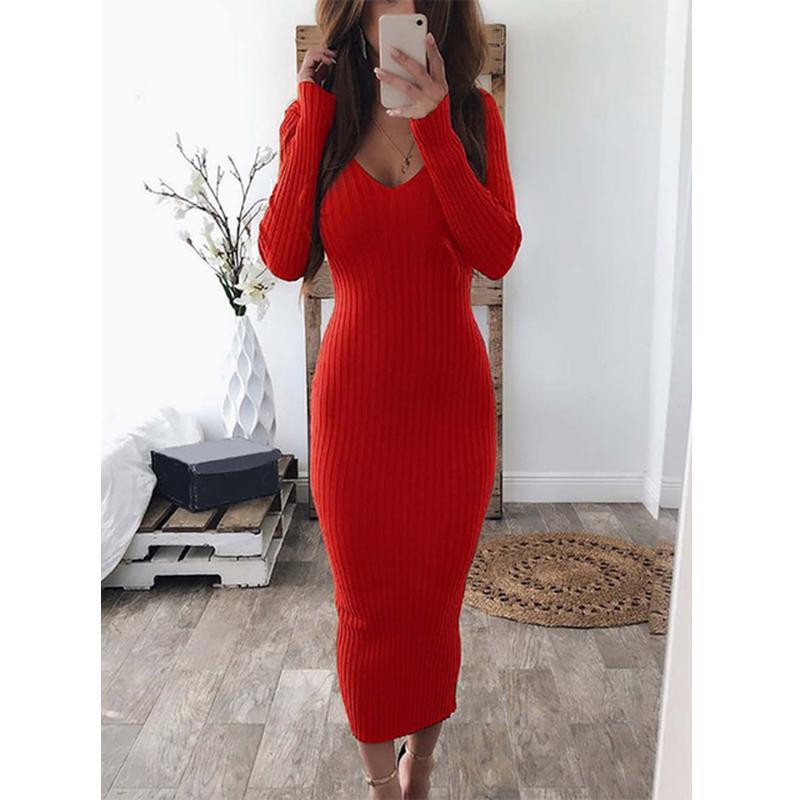 Uzun Yengli V-bo'yinli Bodycon Qovurg'ali Trikotaj Ko'ylak Ayollar Bir Rangli Slim Kundalik Midi Ayollar Kiyimi