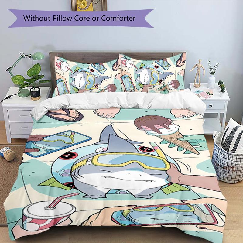 3pcs Jeff the Land Shark pattern bedding set duvet cover set includes duvet cover &pillowcases, perfect all season bedroom decoration & gift