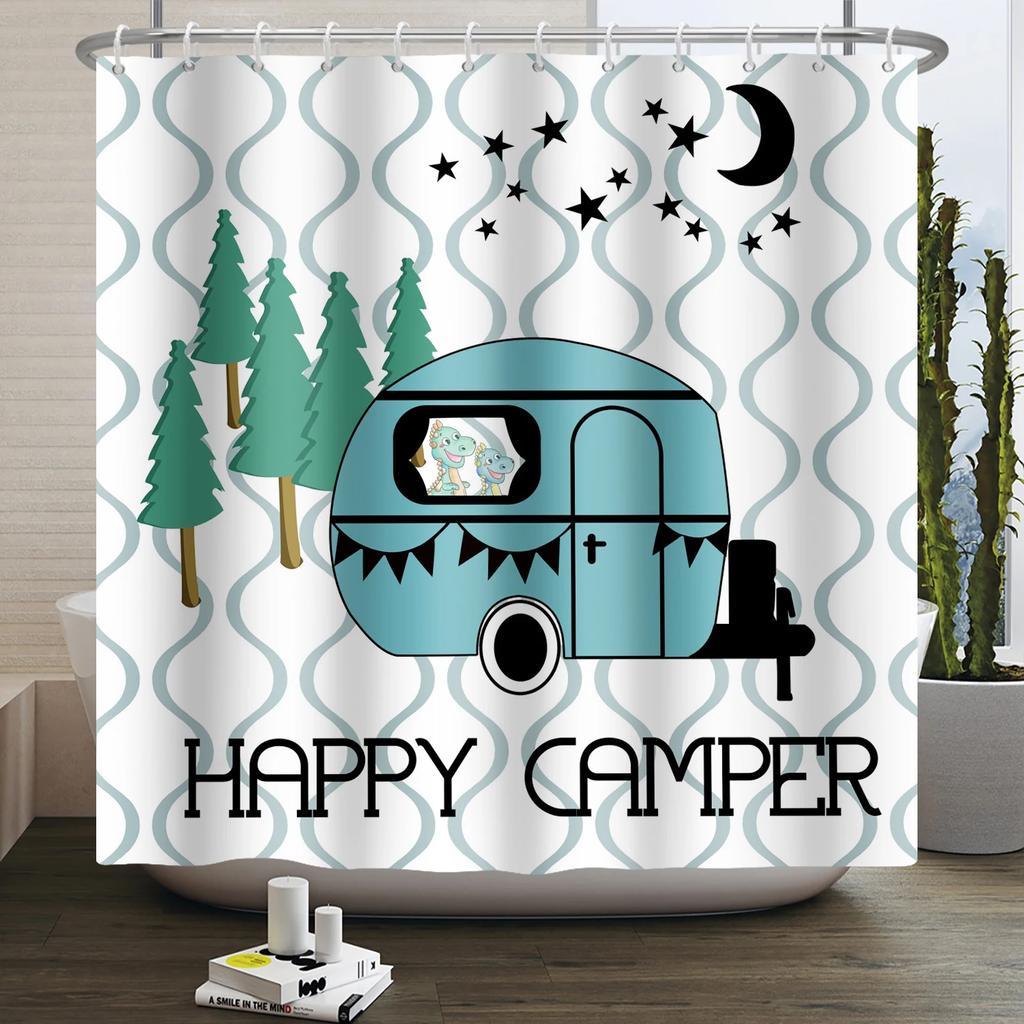 Занавеска для душа Кемпер Счастливый Кемпер Прицеп Автомобиль Автодом Лес Гора Палатка Кемпинг Ванная Занавеска для душа Водонепроницаемая Занавеска для ванны