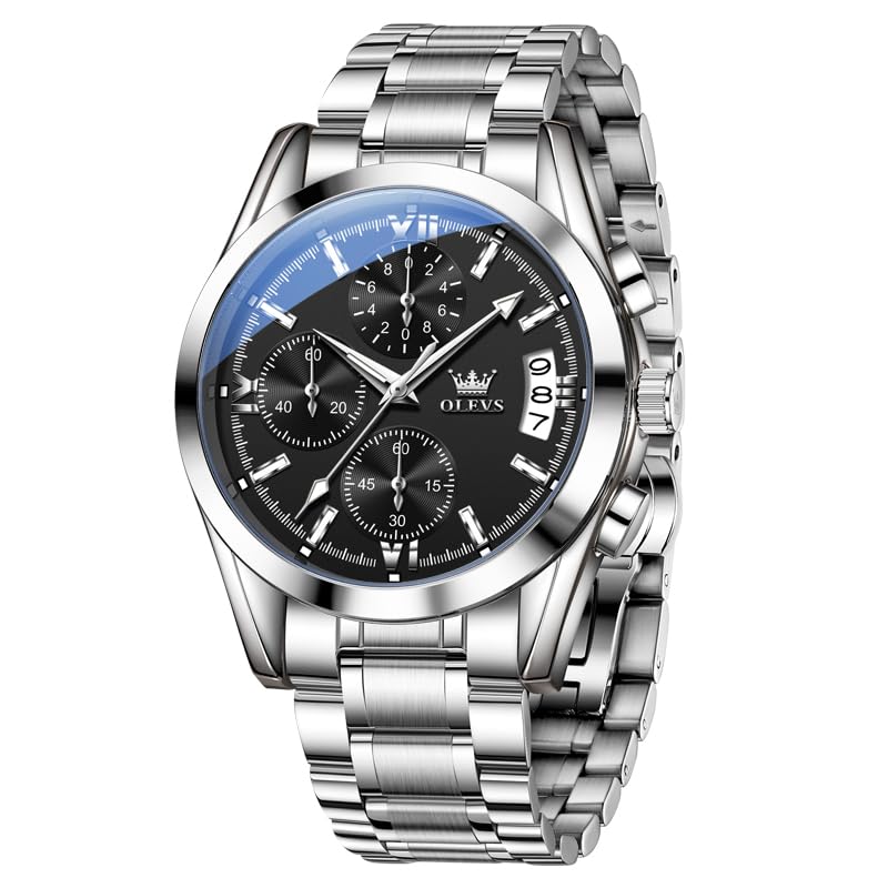 OLEVS Stainless Steel Black Men's Watch, Waterproof, Luminous, Chronograph, Date, Band, Business/Casual, Stylish,