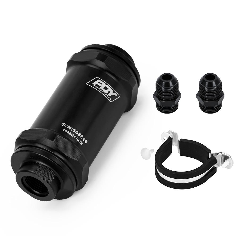 PQY BLACK AN6 / AN8 / AN10 Inline Fuel Filter E85 Ethanol With 100 Micron Stainless steel element and PQY sticker
