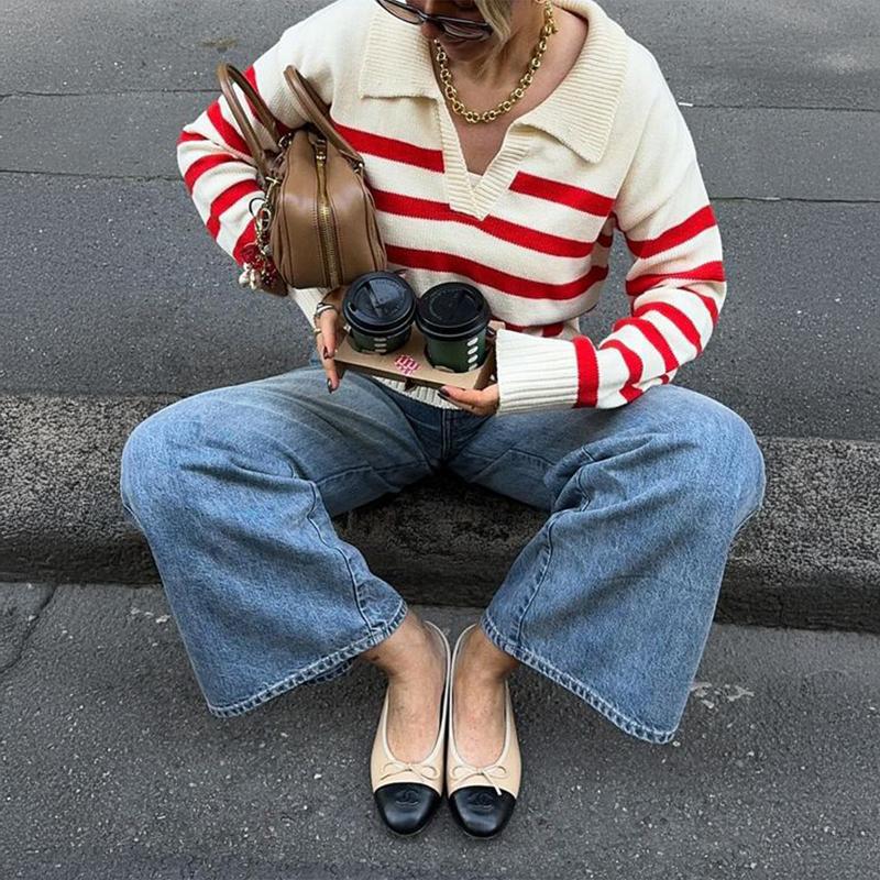 Women's Polo Collar Knit Sweater Red White Stripe V-Neck Long Sleeve Casual Fitted Top