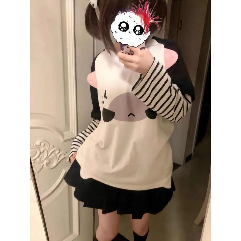 Y2k Harajuku Kawaii Полосатые футболки женские японские модные лоскутные футболки с мультяшным принтом топы женские весенние новинки