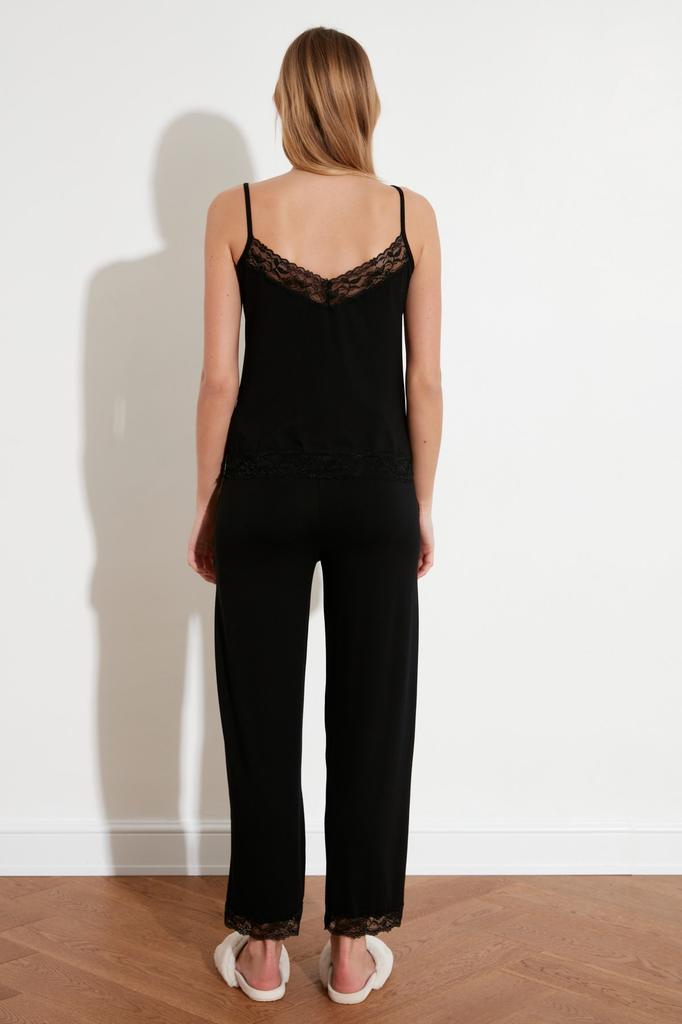 Women's Fashion New Pajama Set Black Lace Detailed Rope Strap Knitted Pajama Set