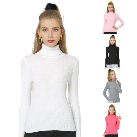 Женские топы с высоким воротником и длинным рукавом, облегающие, эластичные, трикотажные, однотонные, пуловеры, повседневная одежда