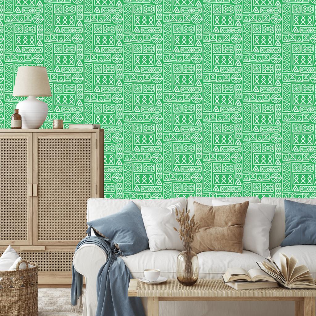 Polynesian Geometric Pattern Wallpaper Green 50x1000