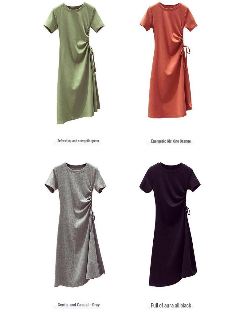 Авокадово-зеленое летнее платье-футболка с кулиской, подчеркивающее талию, в корейском стиле для женщин