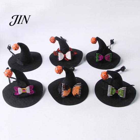 Elastic Strap Pet Hat Halloween Cat Wizard Hat, Bent Pointed with Pumpkin Bell, Small Dog Sequined Bow Festive for Cats Dogs