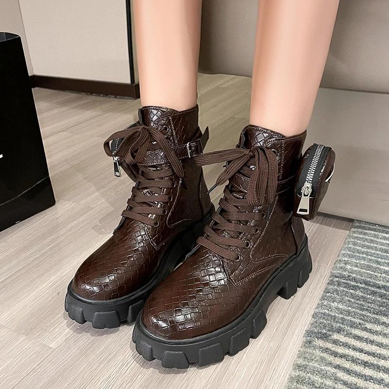 Fashion Women's Boots New Ankle Boots Women's Lace Up Thick Sole Black Leather Oxford Shoes Women's Bags Black Platform Boots