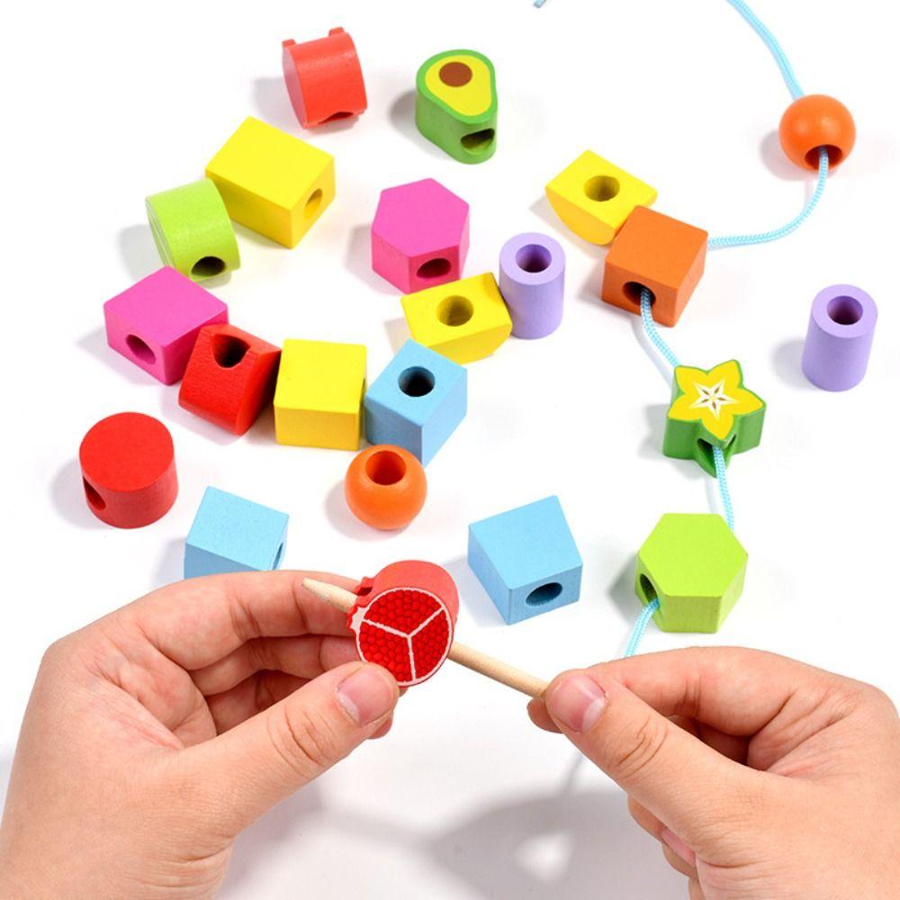 Montessori Color Shape Cognition Toys Fruit Color Shape Wooden Beads Sequencing Toy Boys Girls